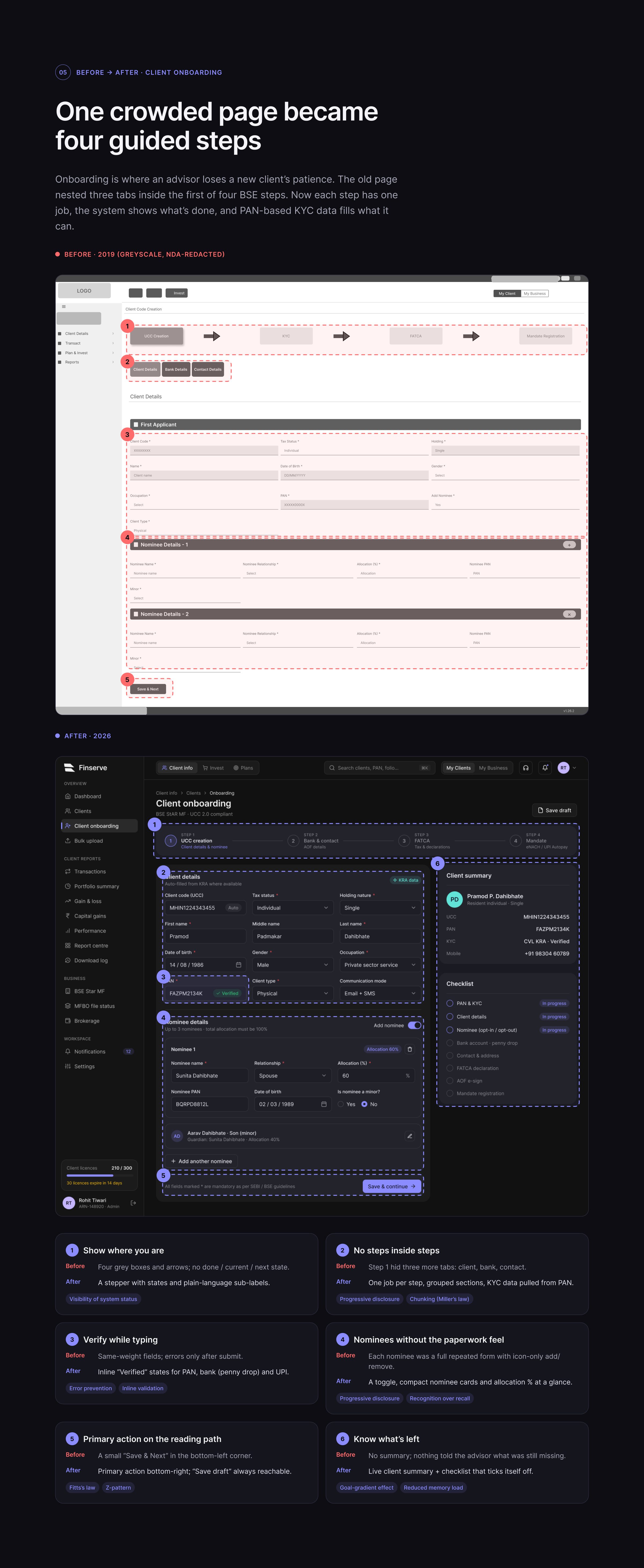 Client onboarding before and after the redesign.