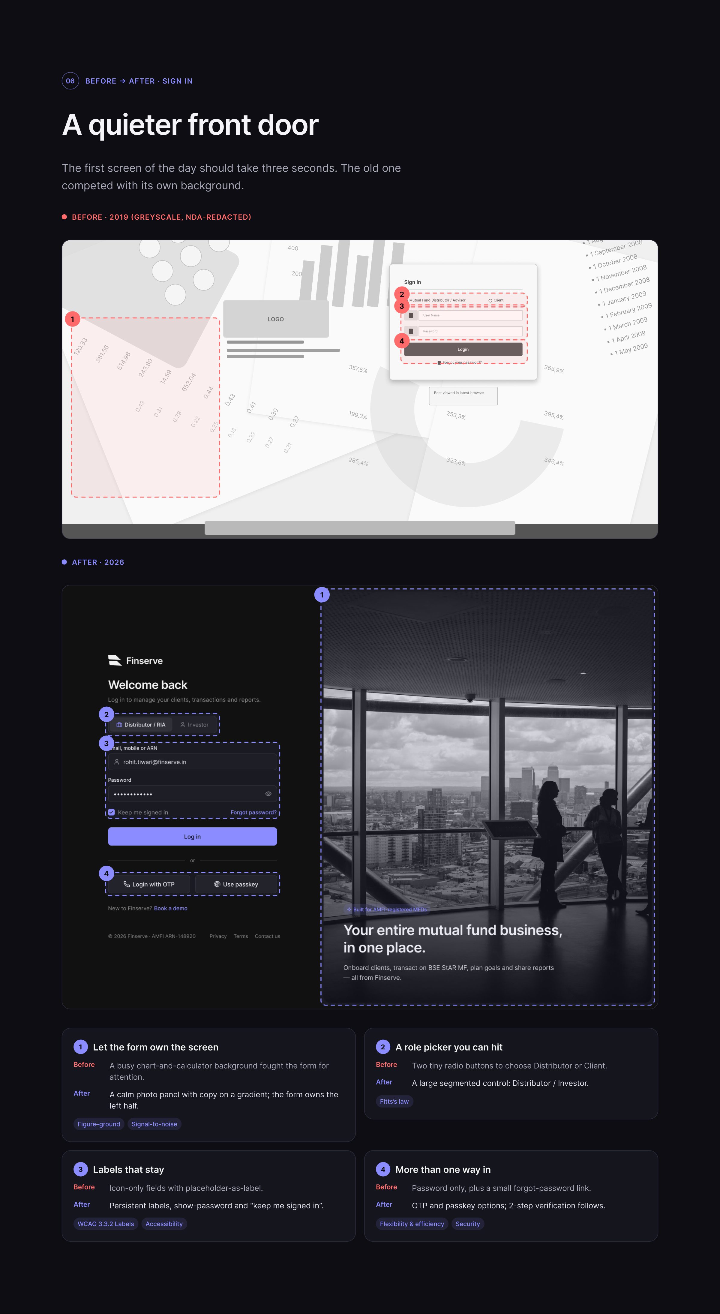 Login screen before and after the redesign.