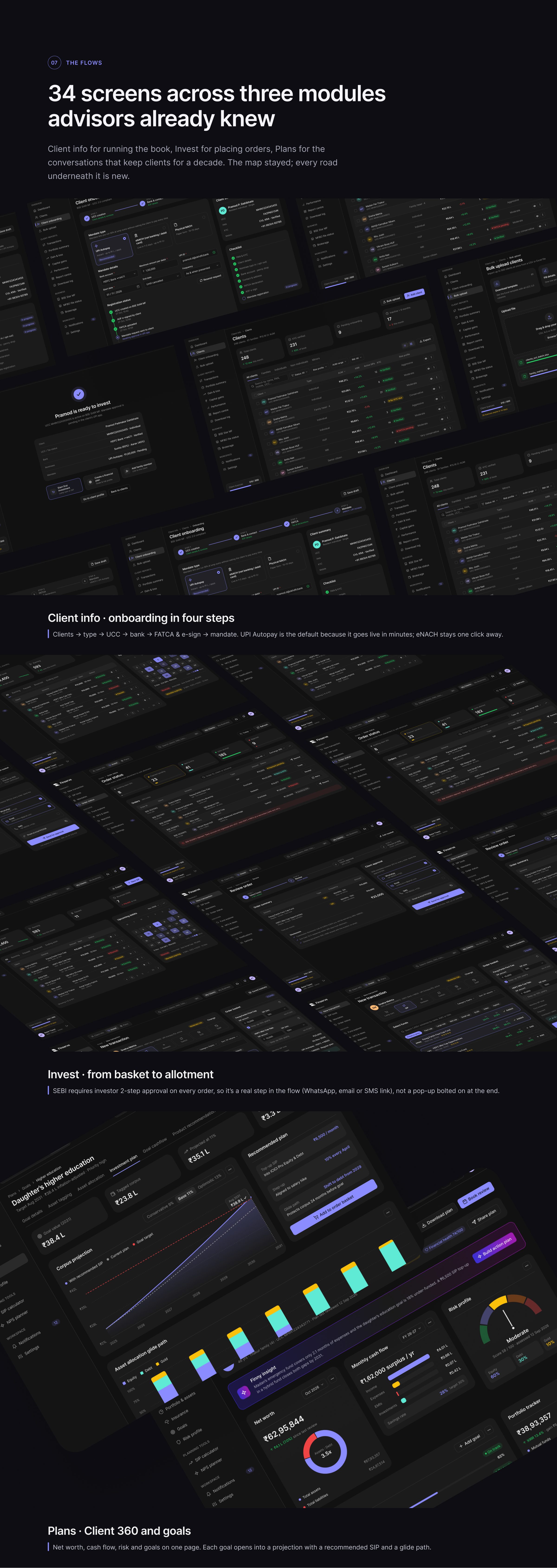 Redesigned screens across the Client info, Invest and Plans modules.