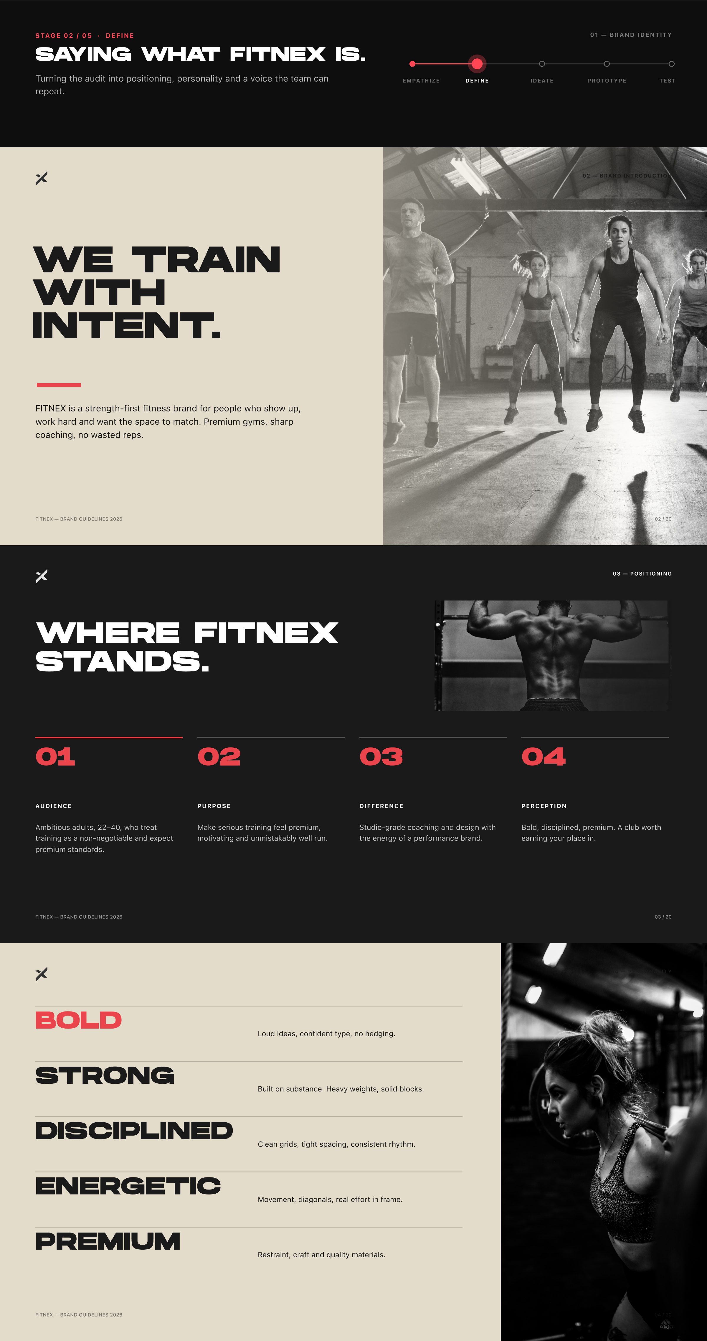 Brand define: positioning and the brand attributes bold, strong and disciplined.
