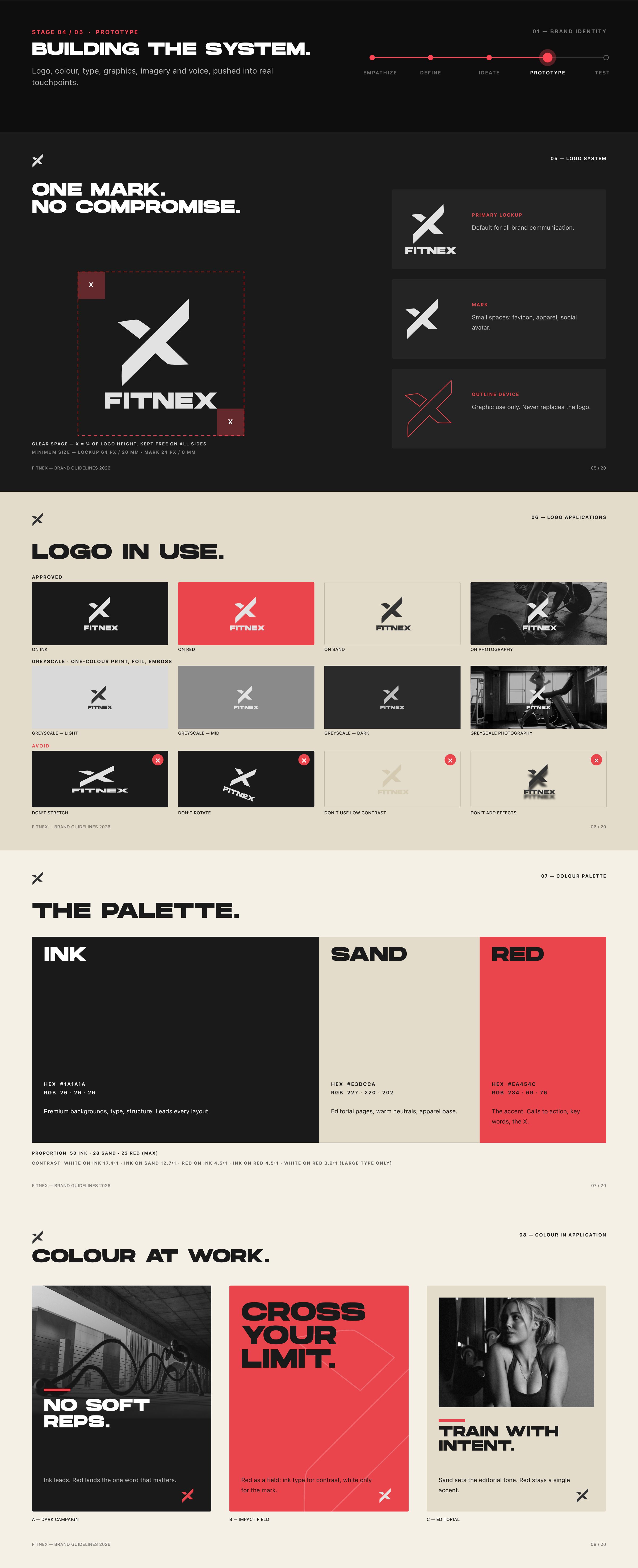 Brand prototype: the Fitnex logo in use and the colour palette.