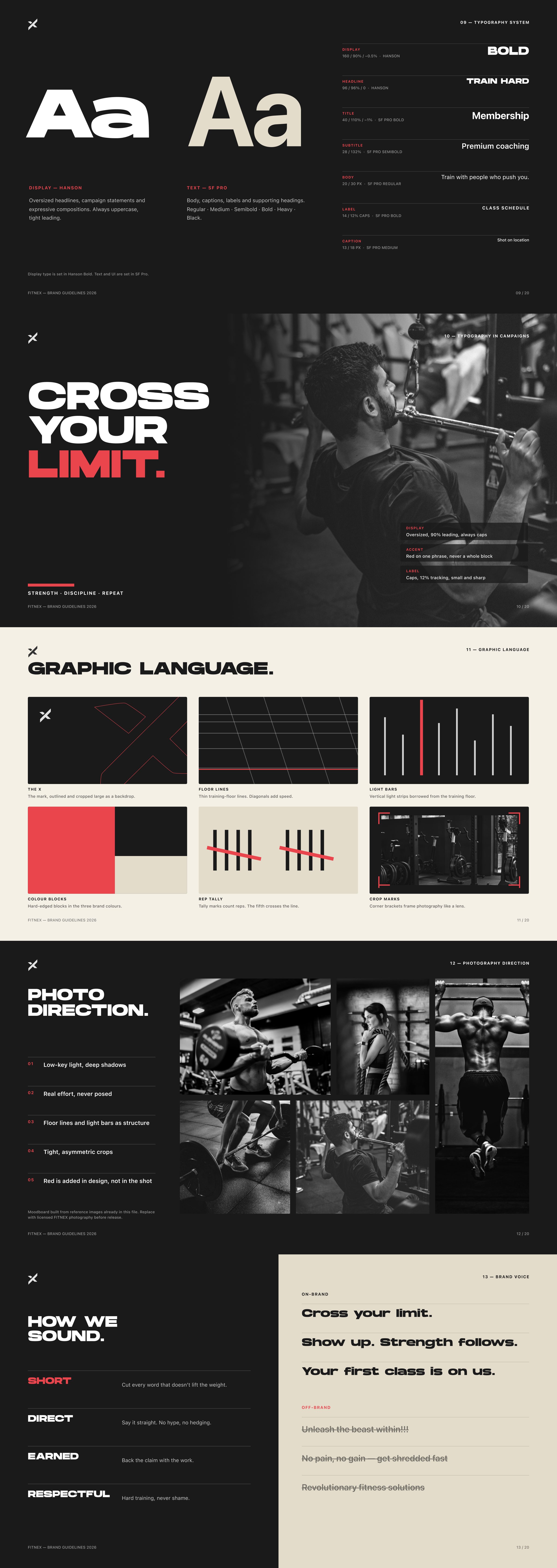 Brand prototype: typography, graphic language, photo direction and tone of voice.