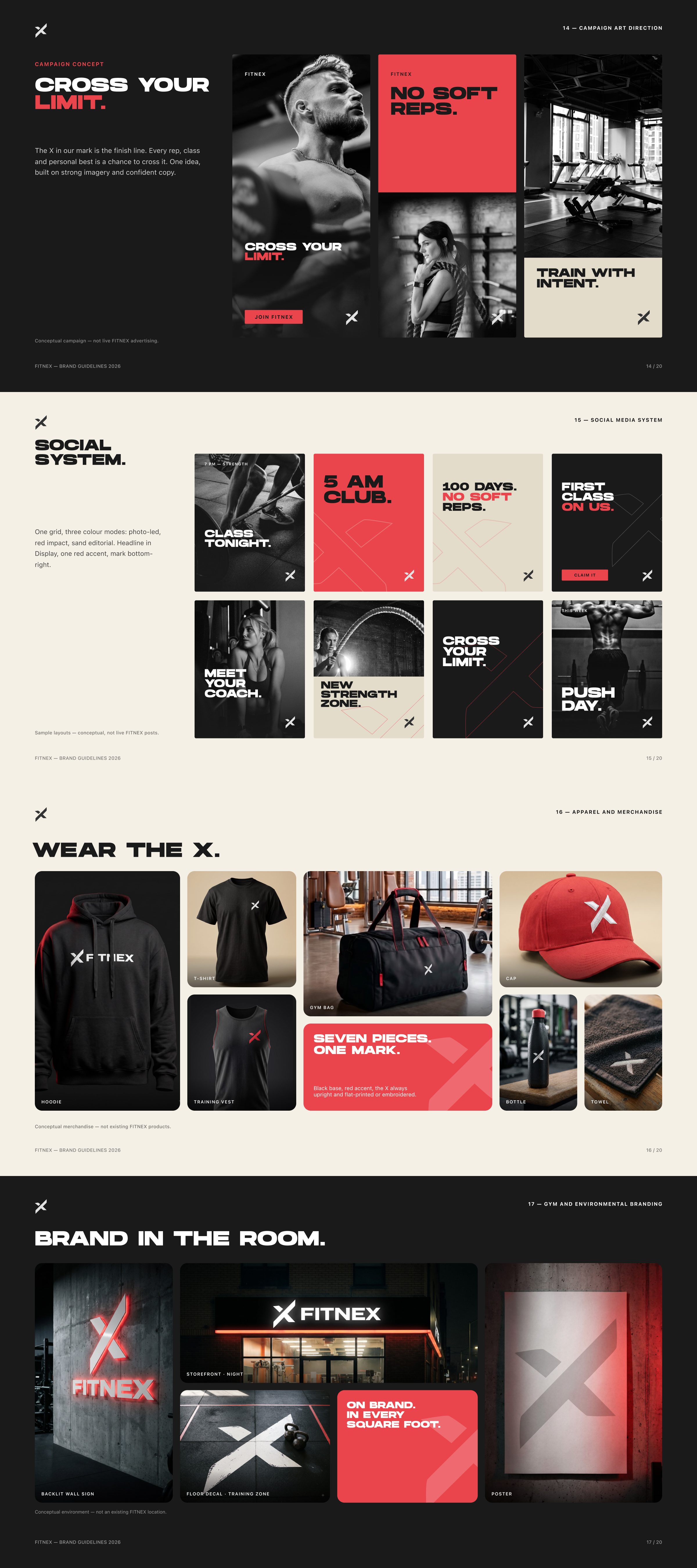 Brand applications: merchandise, gym spaces and campaign lines such as No soft reps and 5 AM Club.
