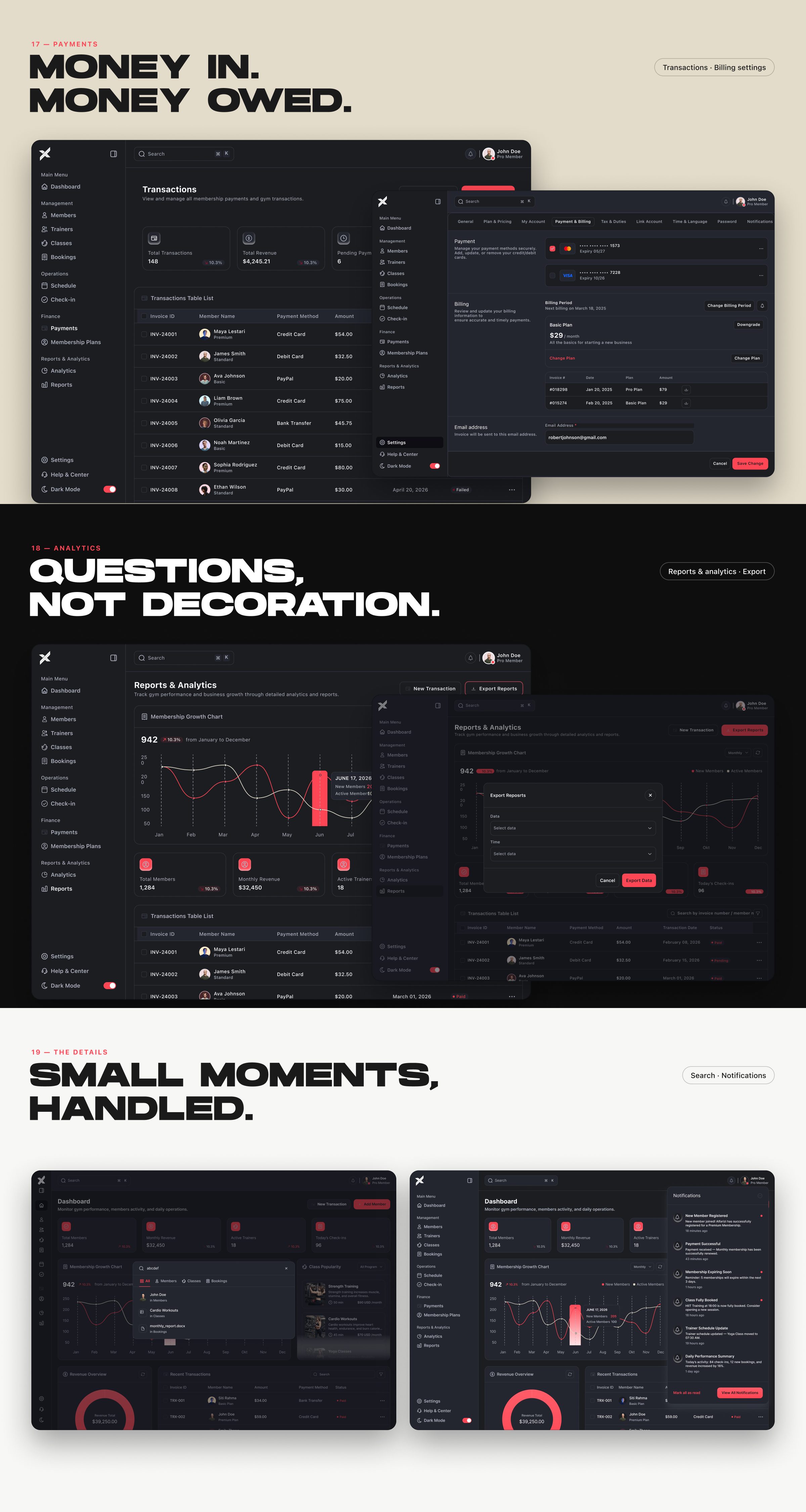 Payments, analytics, search and notifications screens.