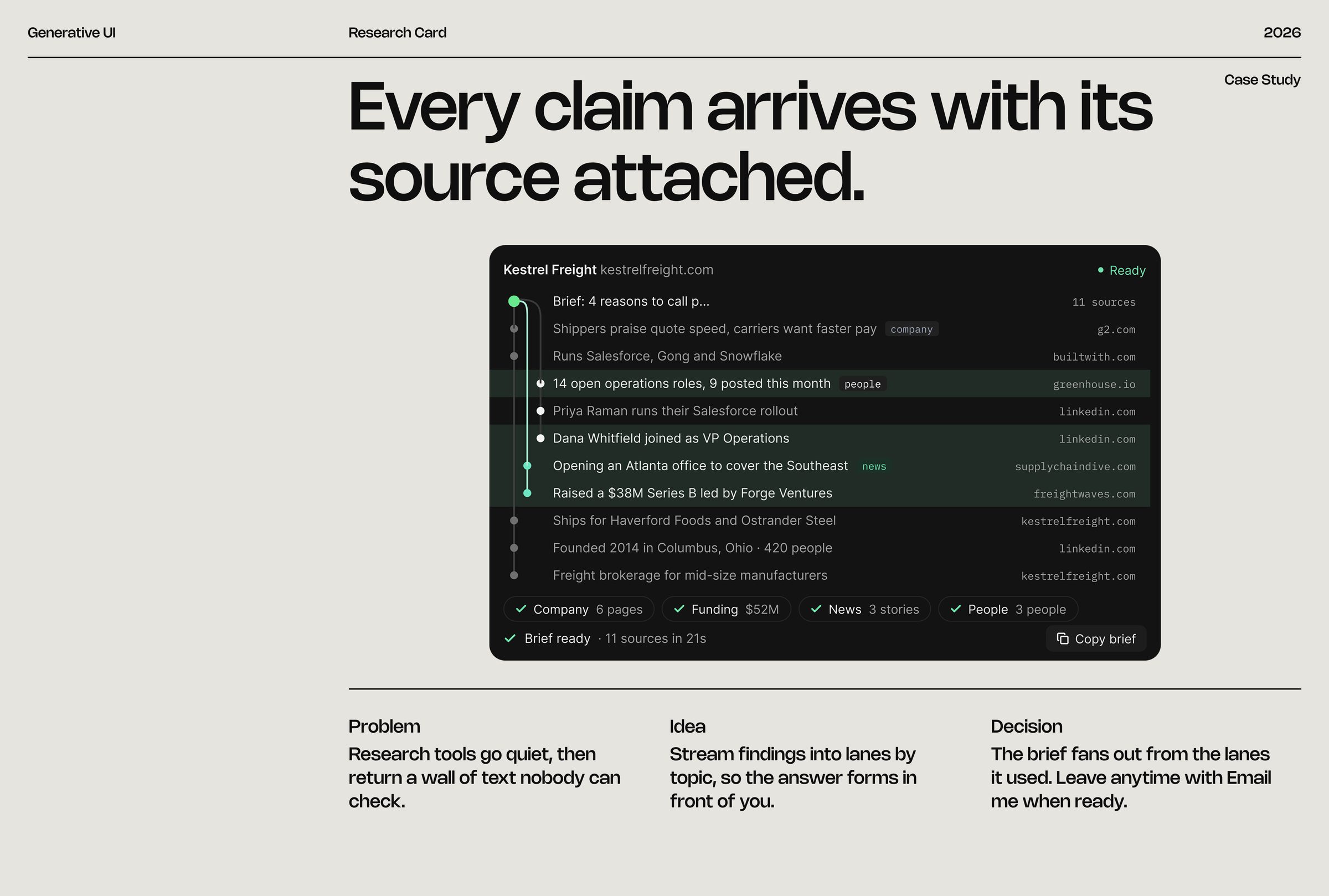 Research Card: Every claim arrives with its source attached.