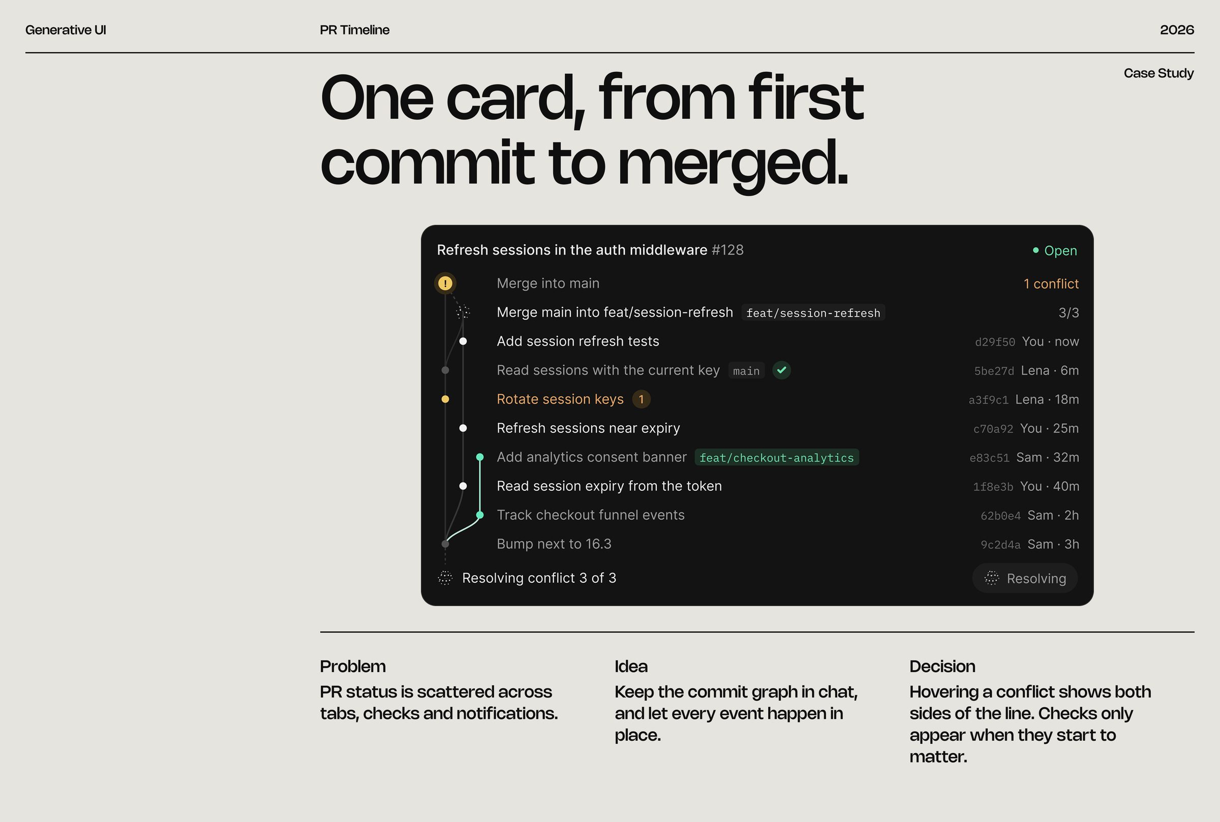 PR Timeline: One card, from first commit to merged.
