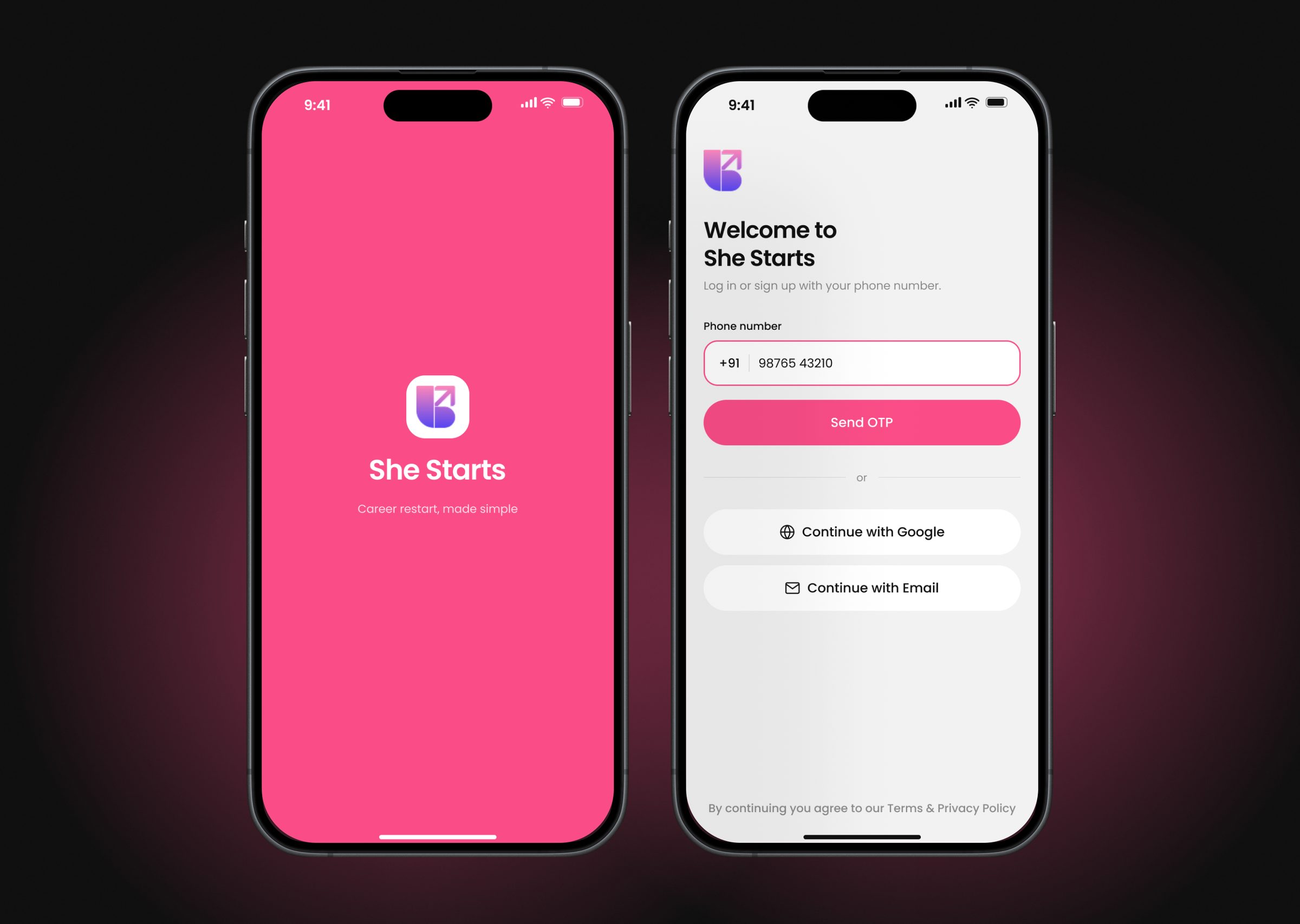 She Starts, First open: Splash and login