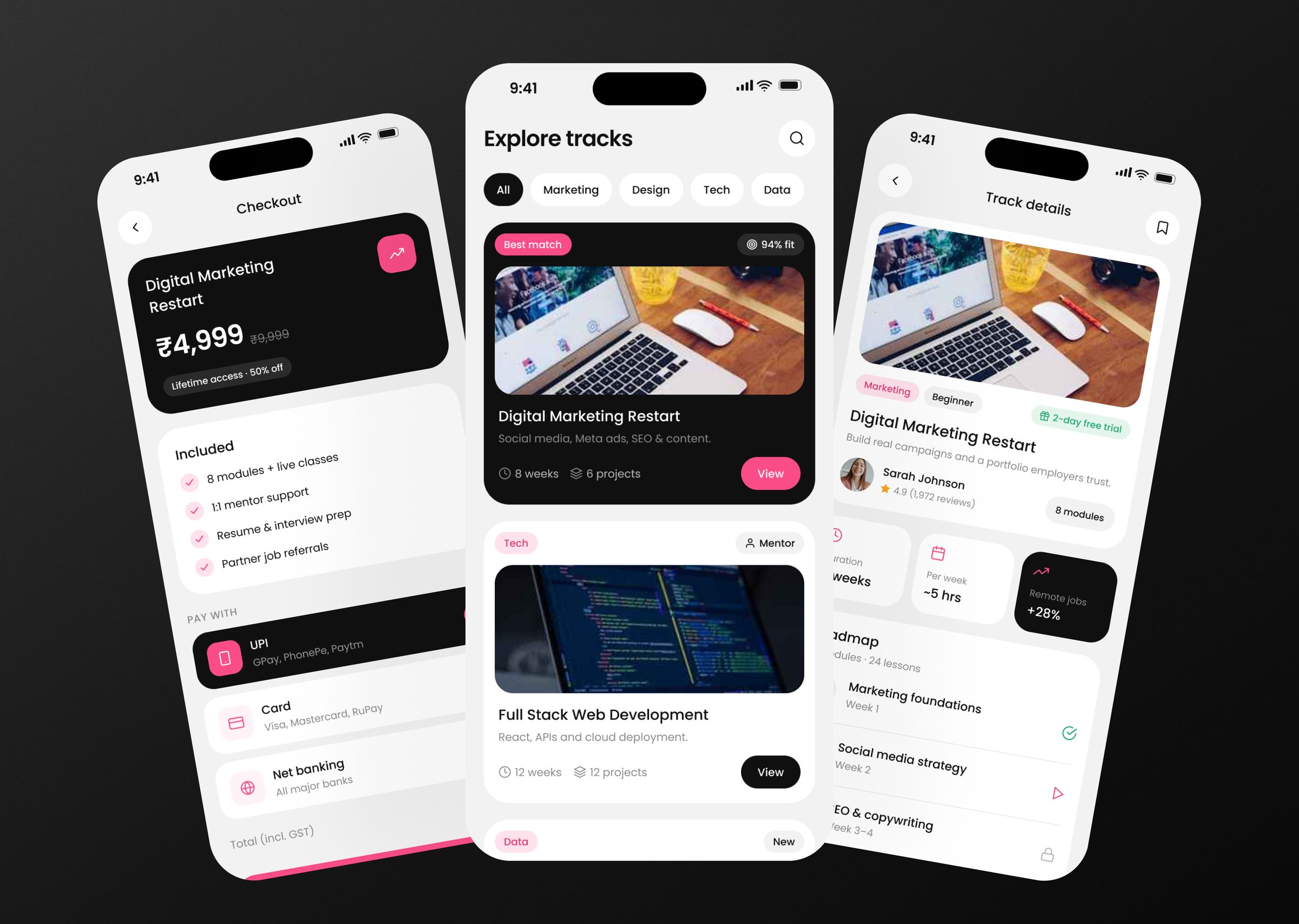 She Starts, Explore and enrol: Explore tracks, track details and checkout