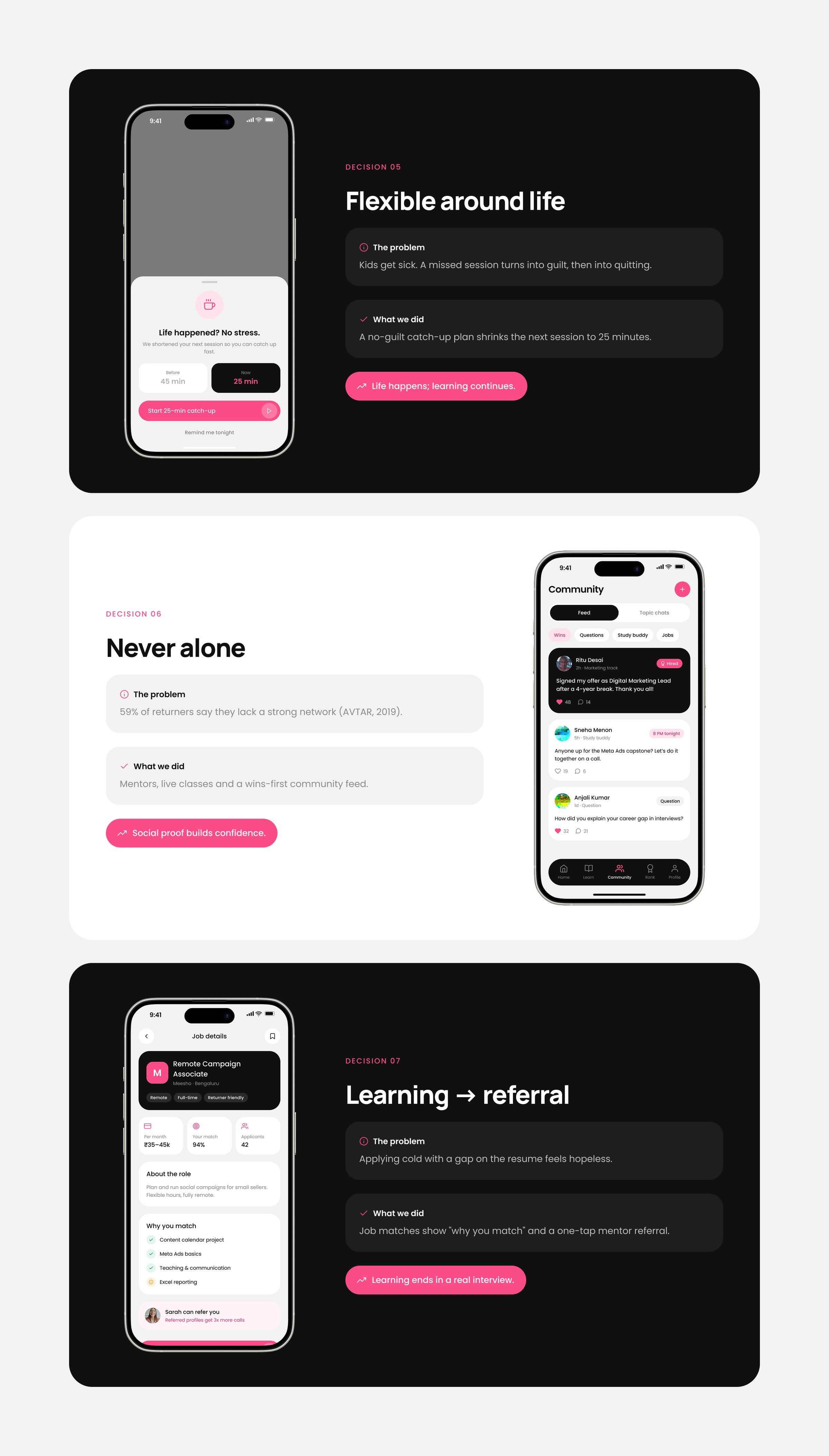 She Starts, Key UX decisions: Flexible around life, never alone, learning to referral